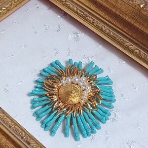 Vintage Cadoro Brooch With Turquoise And Faux Pearls